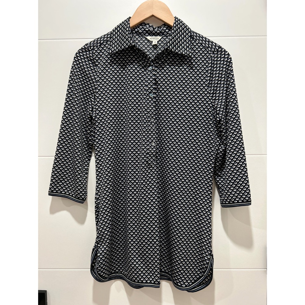 Max Studio Womens Geometric Print 3/4 Sleeve Button Down Tunic Top Black Blue S